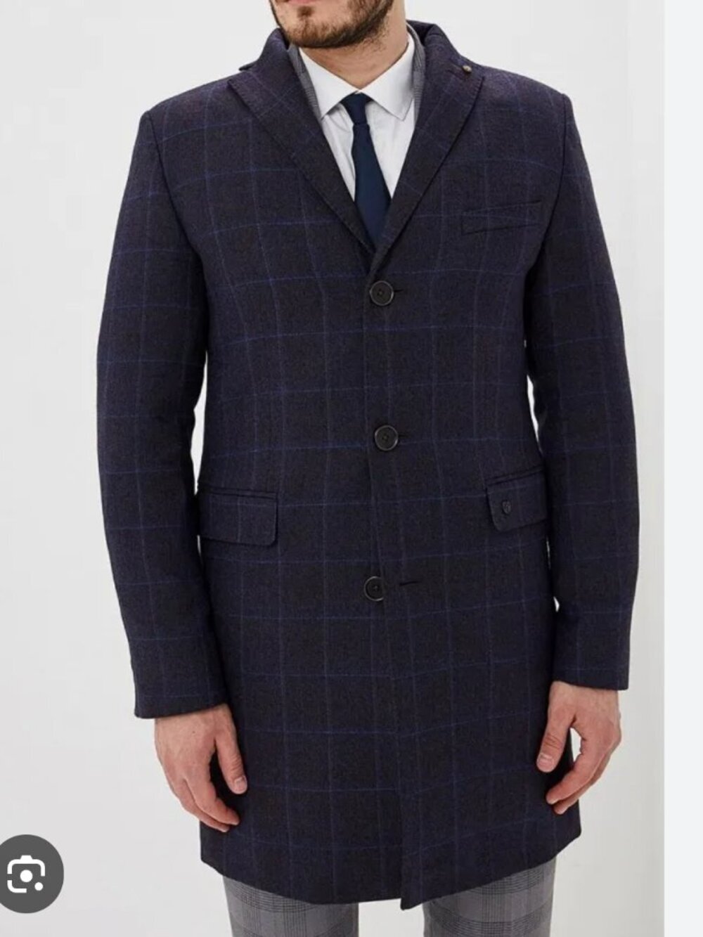 Club Monaco Mantico Wool Blend Overcoat Mens 42 Navy Windowpane Long Coat Jacket